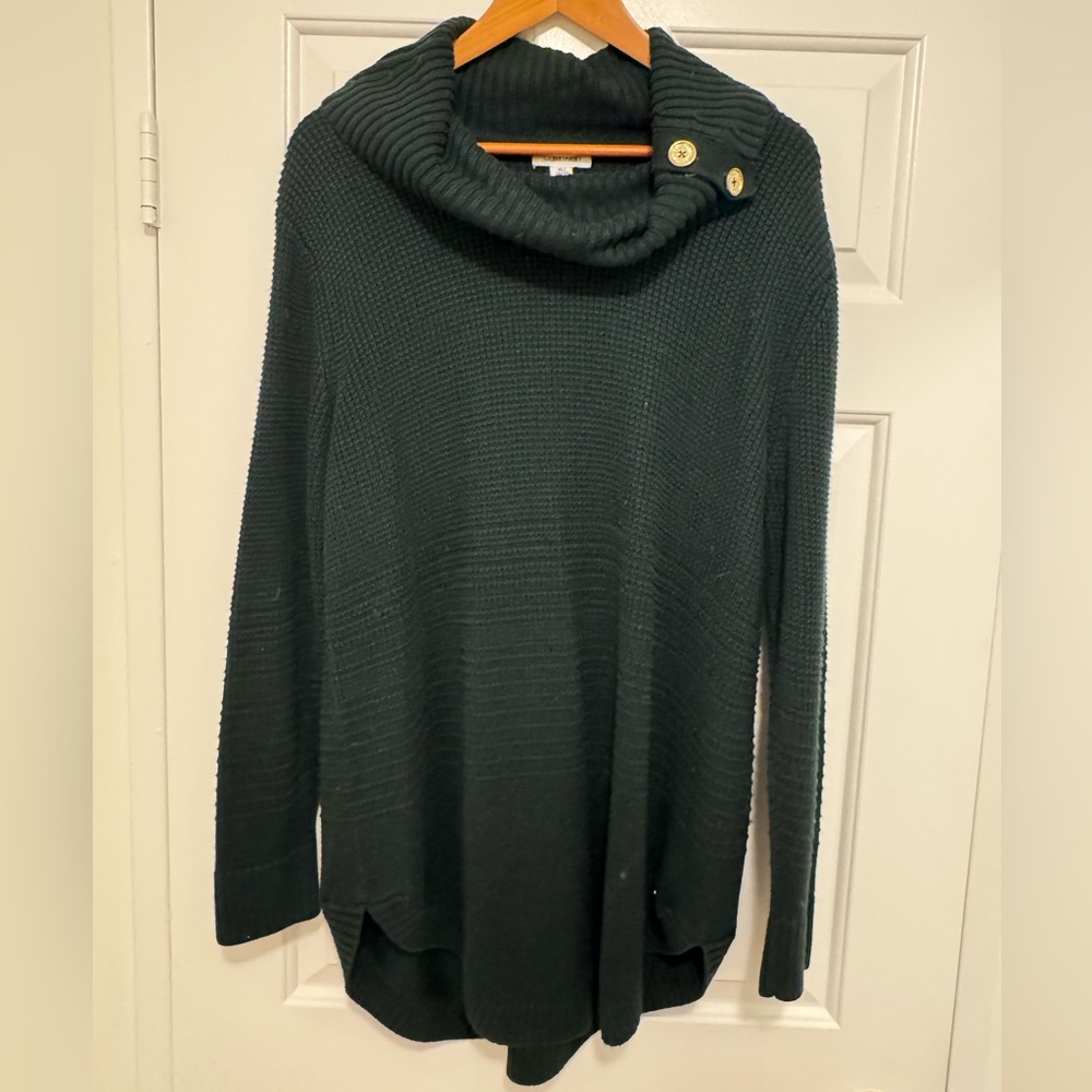 Calvin Klein Drak Green Cowl Neck Sweater Brass "Like"  Butons XL ,L 27in P2P 22